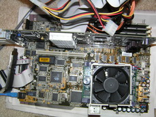 [Motherboard, Overhead. Note the huge Elite3D and the fan]
